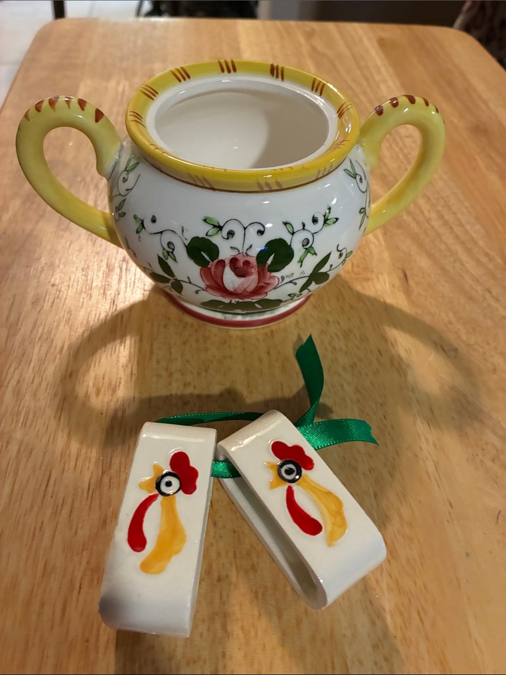 Porcelain Two-Handled Sugar Bowl w/Yellow Trim & Floral Motif & Napkin Holders